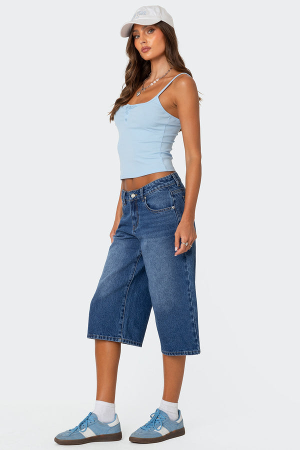Edikted Xtra Long Low Rise Denim Bermuda Shorts Blue Washed