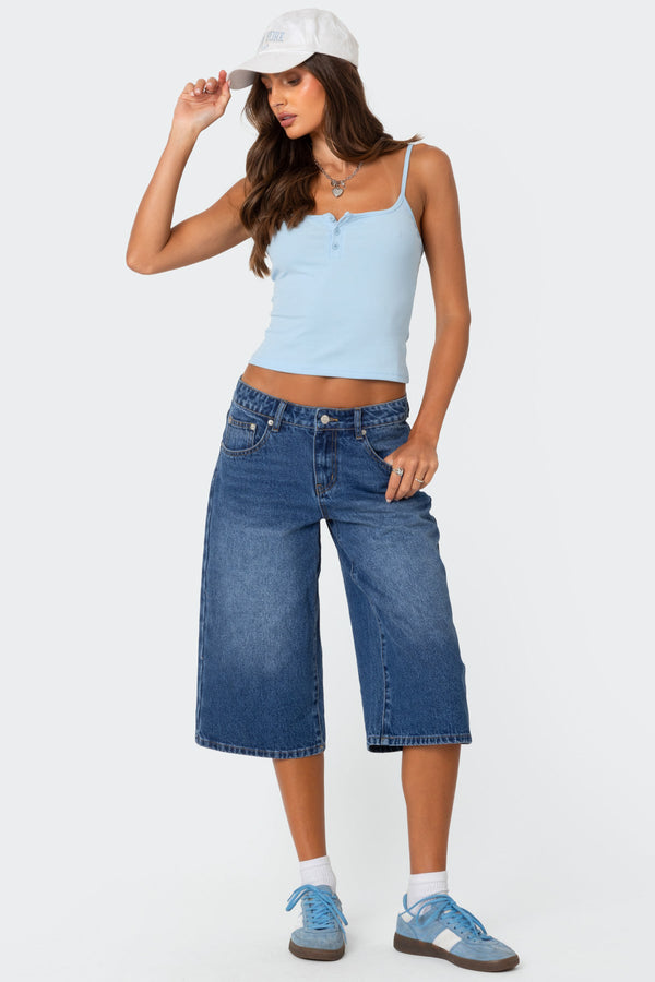 edikted Xtra Long Low Rise Denim Bermuda Shorts blue washed