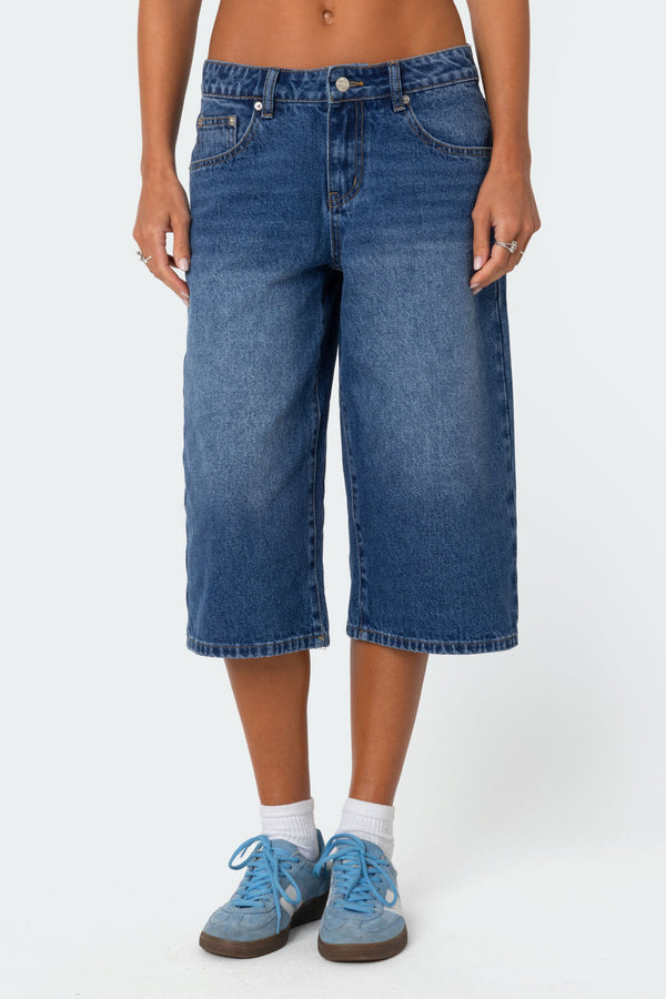 Edikted Xtra Long Low Rise Denim Bermuda Shorts Blue Washed
