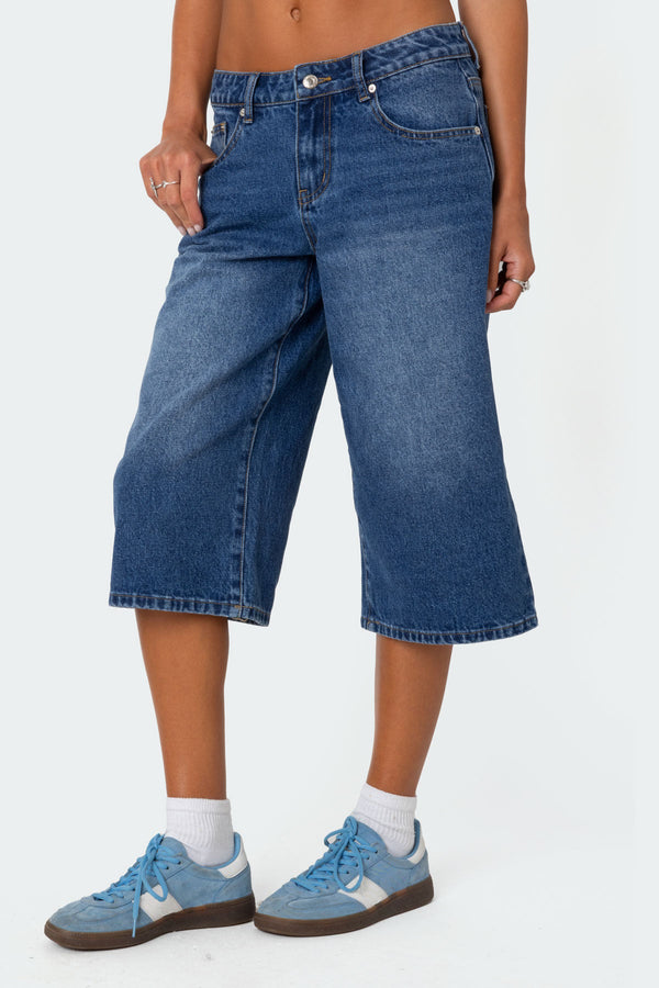 Edikted Xtra Long Low Rise Denim Bermuda Shorts Blue Washed
