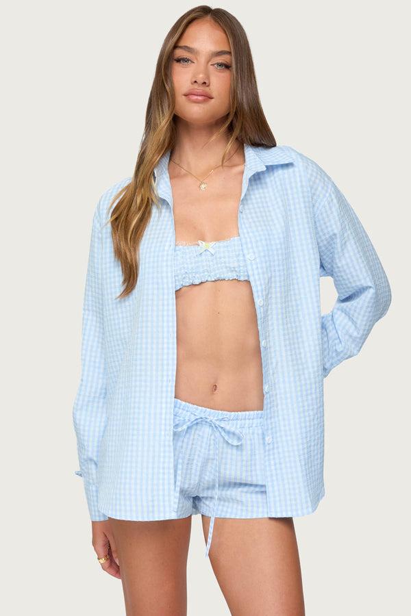 edikted Yaffa Oversized Gingham Button Up Shirt light blue