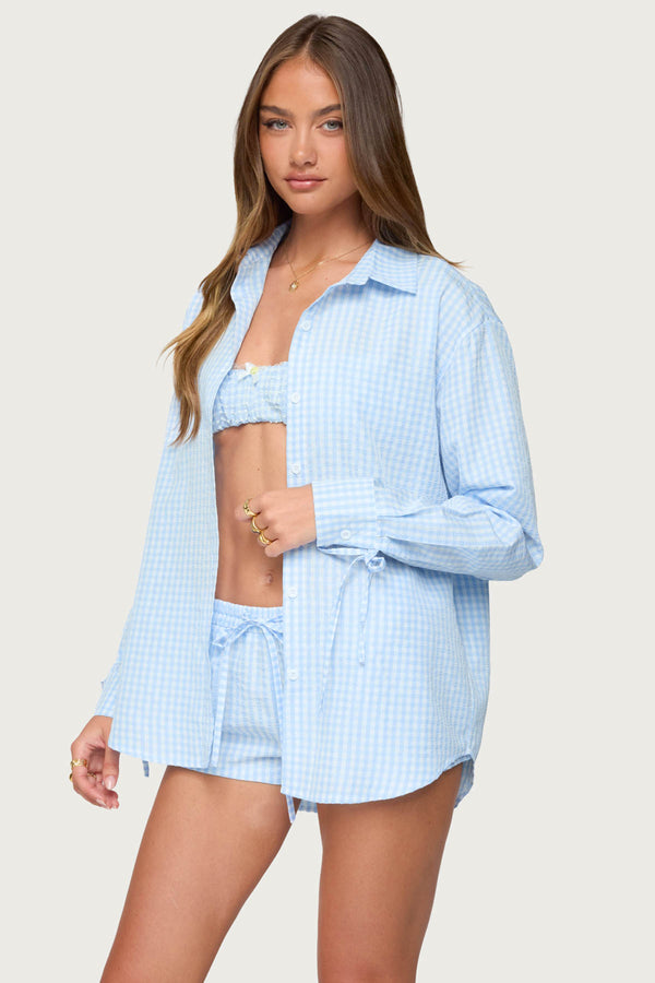Edikted Yaffa Oversized Gingham Button Up Shirt Light Blue